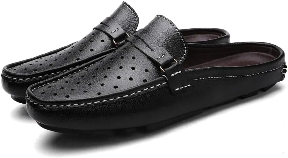 Mules Clogs Backless Loafer for Men Leather Upper Flat Slippers Driving Shoes Lightweight Durable Breathable Elastic Round Toe