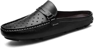 Mules Clogs Backless Loafer for Men Leather Upper Flat Slippers Driving Shoes Lightweight Durable Breathable Elastic Round Toe