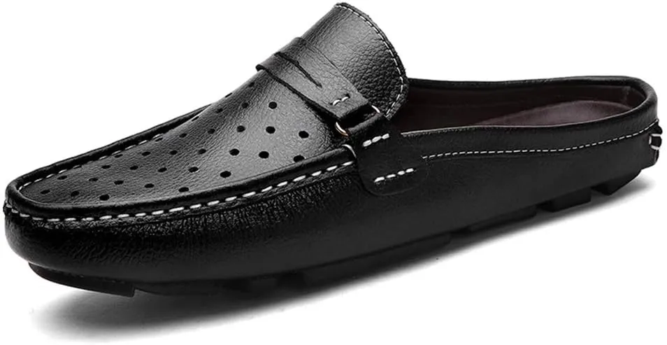 Mules Clogs Backless Loafer for Men Leather Upper Flat Slippers Driving Shoes Lightweight Durable Breathable Elastic Round Toe