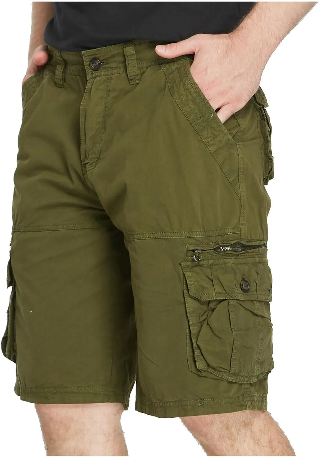 Muscularfit Mens Cotton Shorts Flat-Front Cotton Multi Pockets Cargo Short Solid Buckle Zipper Fashion Utility Tooling Shorts