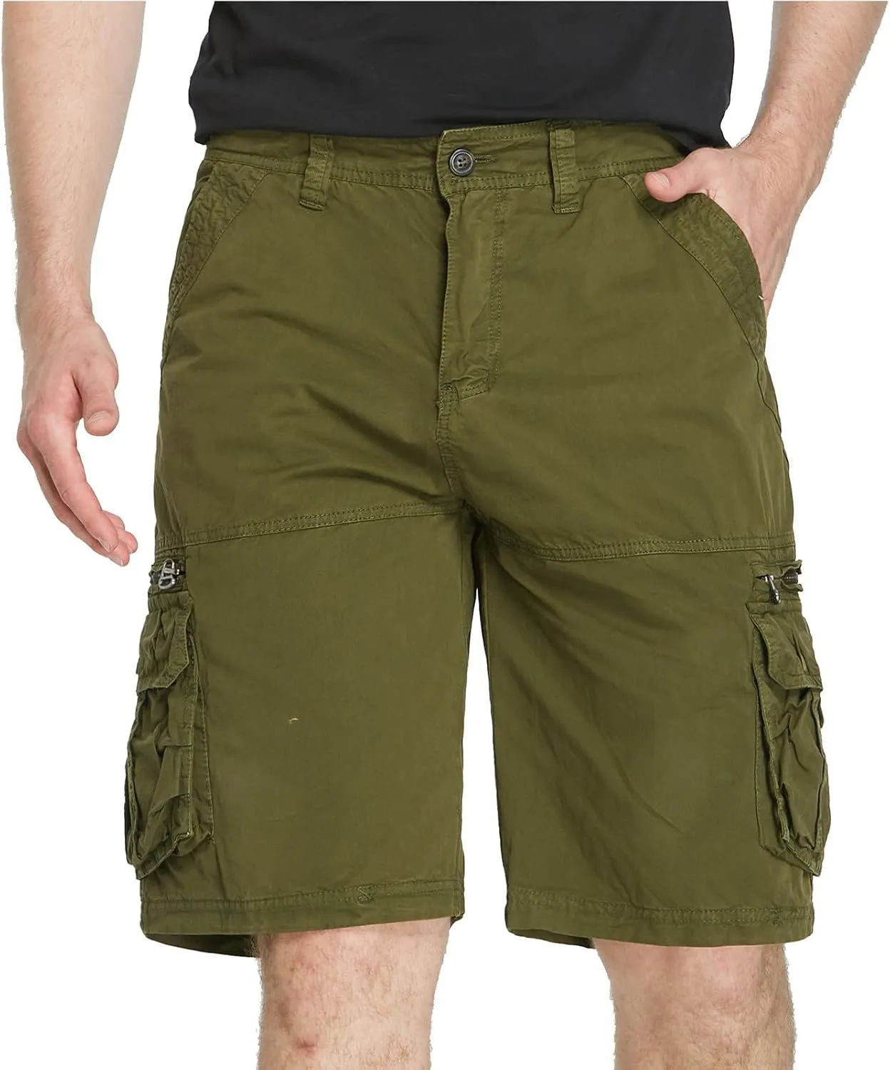 Muscularfit Mens Cotton Shorts Flat-Front Cotton Multi Pockets Cargo Short Solid Buckle Zipper Fashion Utility Tooling Shorts