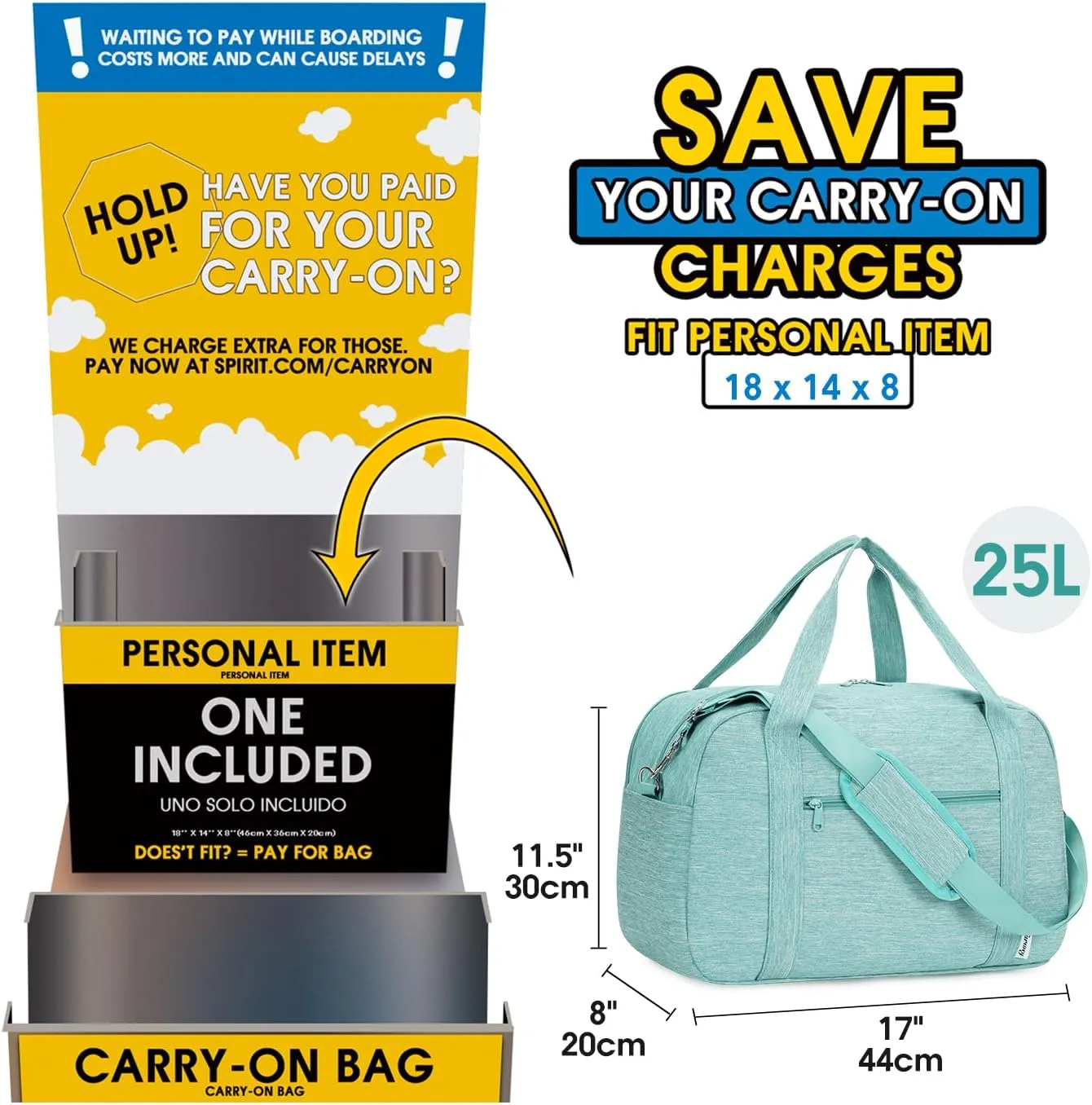 Narwey 18" Carry on Bag with Laptop Compartment 15.6 Inch Travel Duffel Bag for Spirit Airlines Personal Item Bag Overnight Weekender Bag with Wet Pocket for Women and Men (Mint Green)