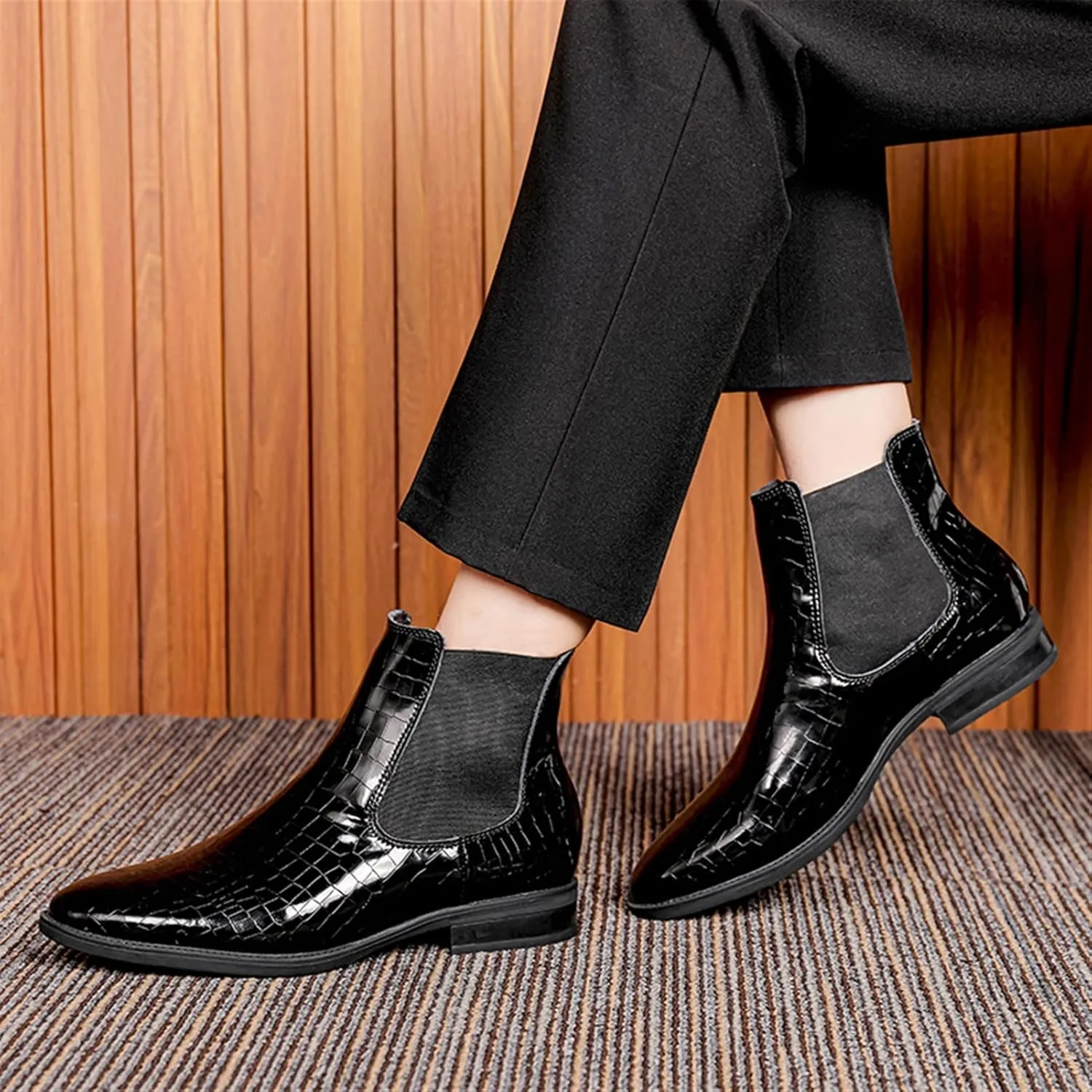 New Chelsea Boots For Men Crocodile Print Elastic Bandage Cowhide Leather Slip On Waterproof Non Anti-slip Work Classic Slip On