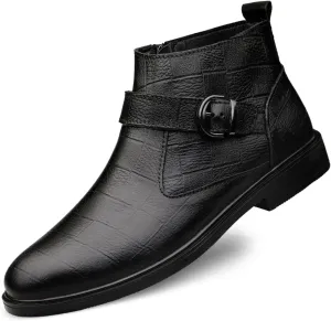 New Men Chelsea Boots Lattice With Buckle Side Zip Cowhide Leather Slip On Wearable Waterproof Non Slip Formal Fashion Pull On