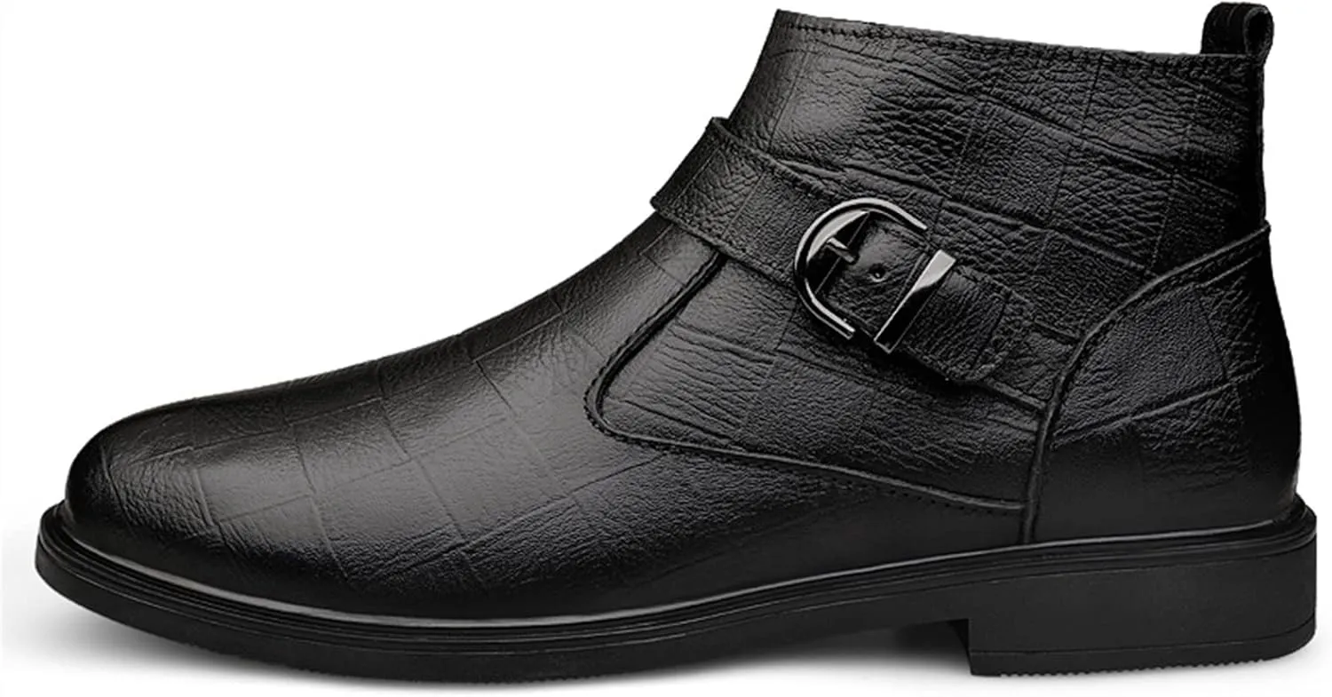New Men Chelsea Boots Lattice With Buckle Side Zip Cowhide Leather Slip On Wearable Waterproof Non Slip Formal Fashion Pull On