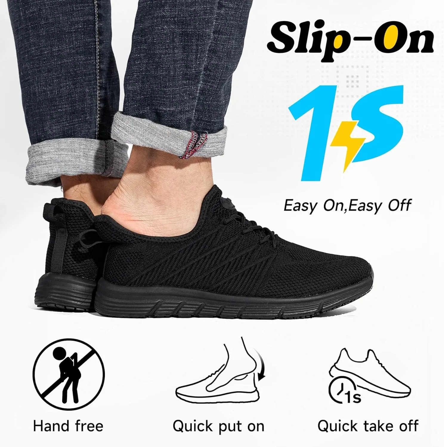 Non Slip Work Shoes for Women Slip On Sneakers Water Resistant Shoe Slip Resistant Food Service Zapatos Antideslizantes para Mujer, Black US 5-11
