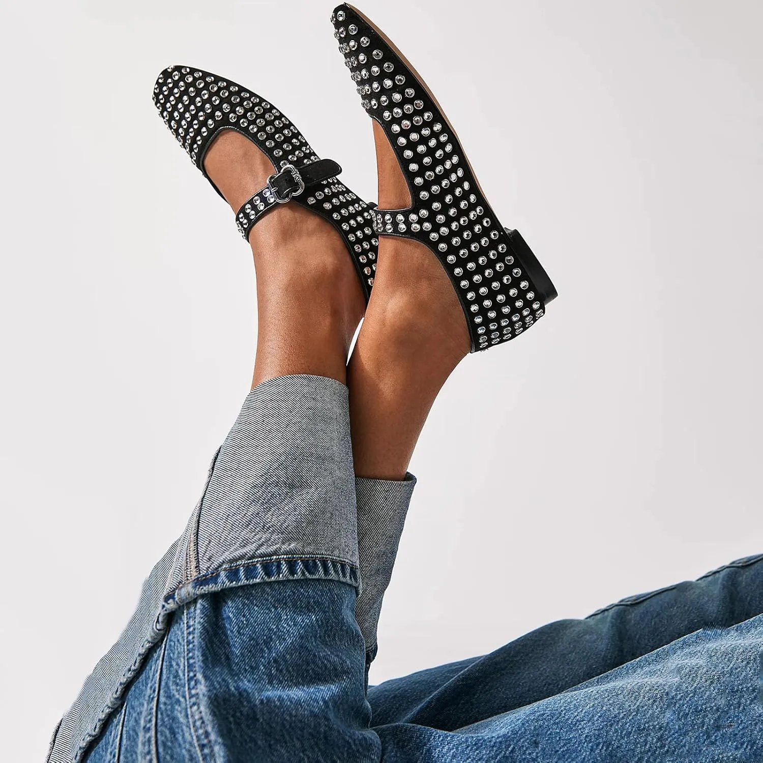 olomisa Rhinestones Ballet Flats for Women, Sparkly Mary Jane Flats Ballerina Square Toe Buckle Strap Shoes