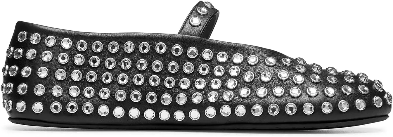 olomisa Rhinestones Ballet Flats for Women, Sparkly Mary Jane Flats Ballerina Square Toe Buckle Strap Shoes