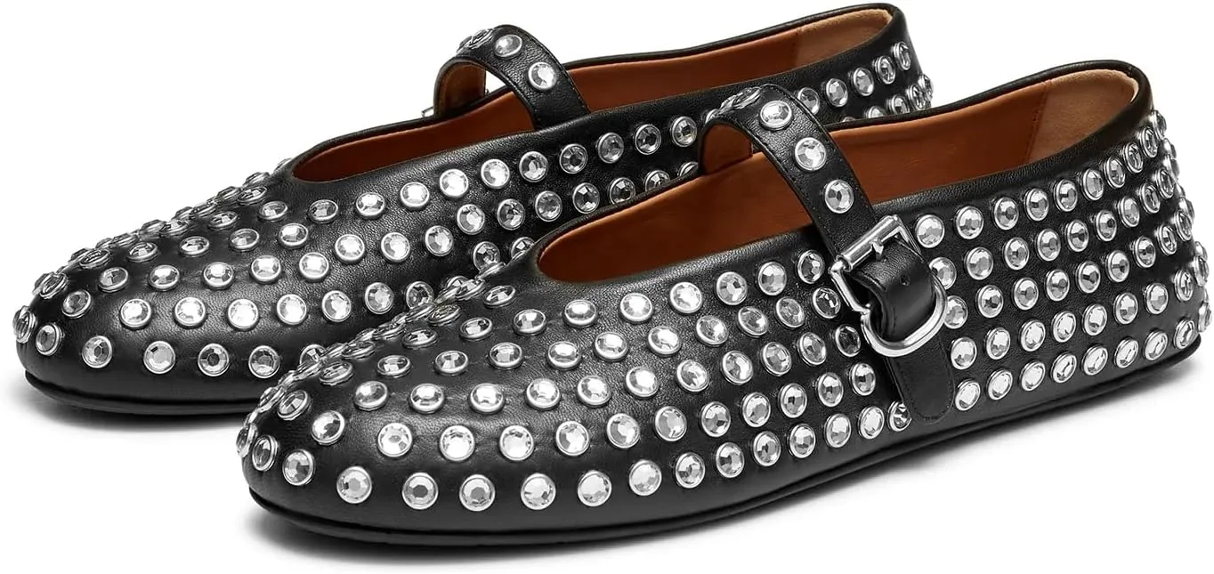 olomisa Rhinestones Ballet Flats for Women, Sparkly Mary Jane Flats Ballerina Square Toe Buckle Strap Shoes