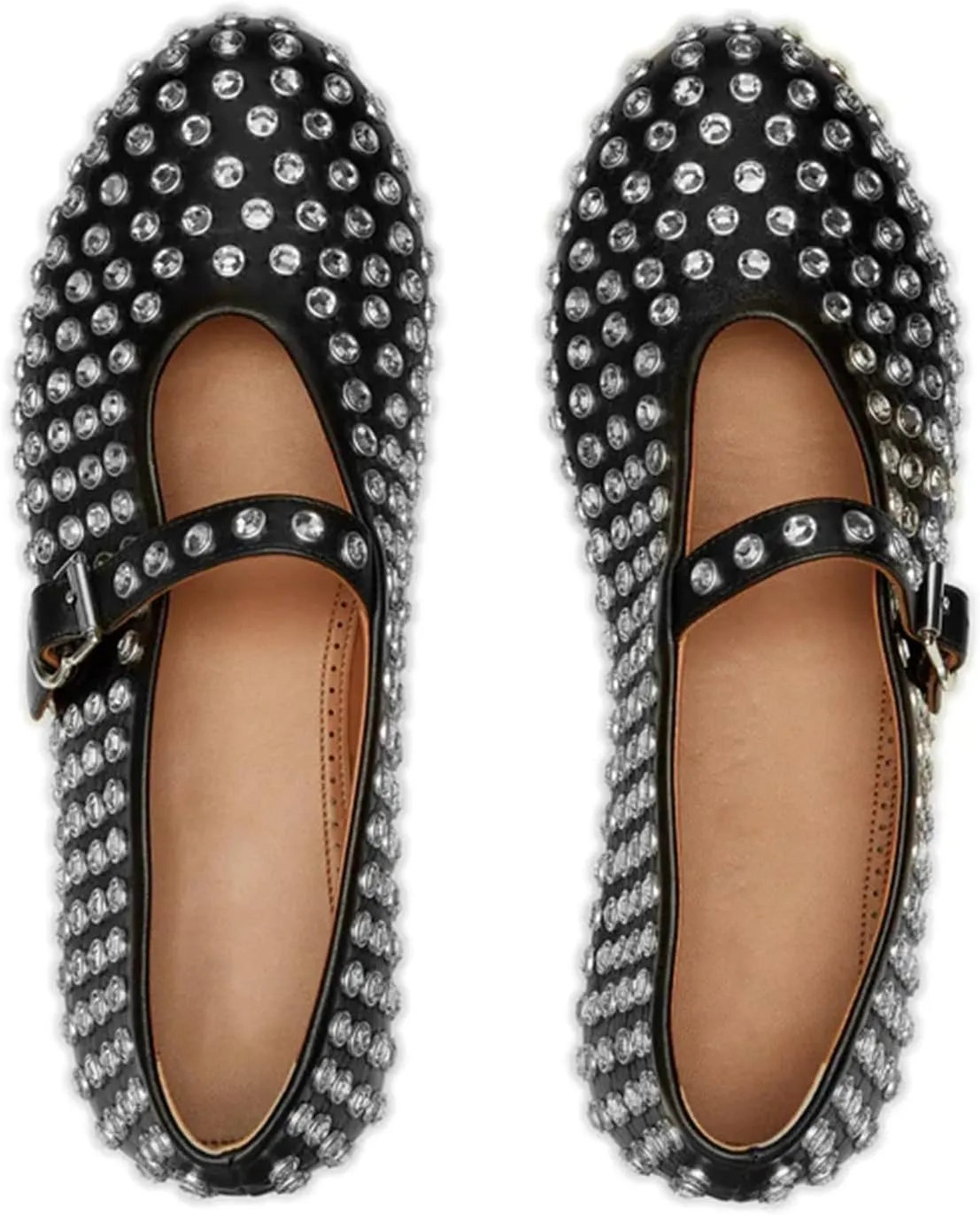 olomisa Rhinestones Ballet Flats for Women, Sparkly Mary Jane Flats Ballerina Square Toe Buckle Strap Shoes