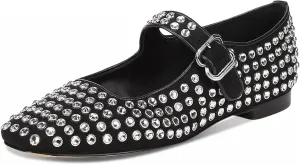 olomisa Rhinestones Ballet Flats for Women, Sparkly Mary Jane Flats Ballerina Square Toe Buckle Strap Shoes