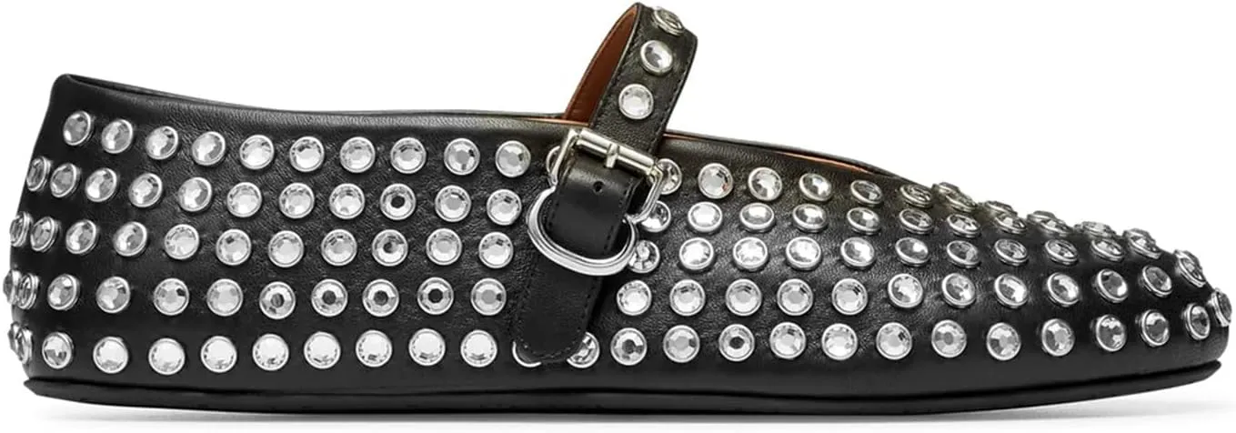 olomisa Rhinestones Ballet Flats for Women, Sparkly Mary Jane Flats Ballerina Square Toe Buckle Strap Shoes