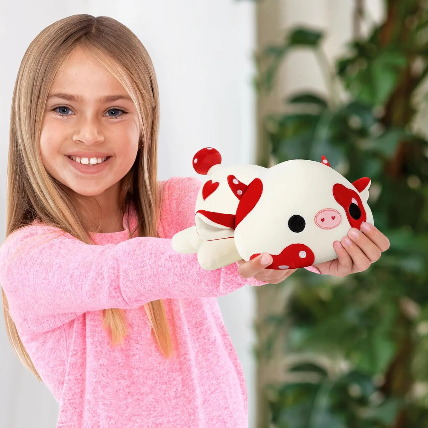 Onsoyours 9 Inch Cow Plush, Cute Mushroom Love Cow Red and White Stuffed Animal, Little Ultrasoft Plush Toy Gift for Kids