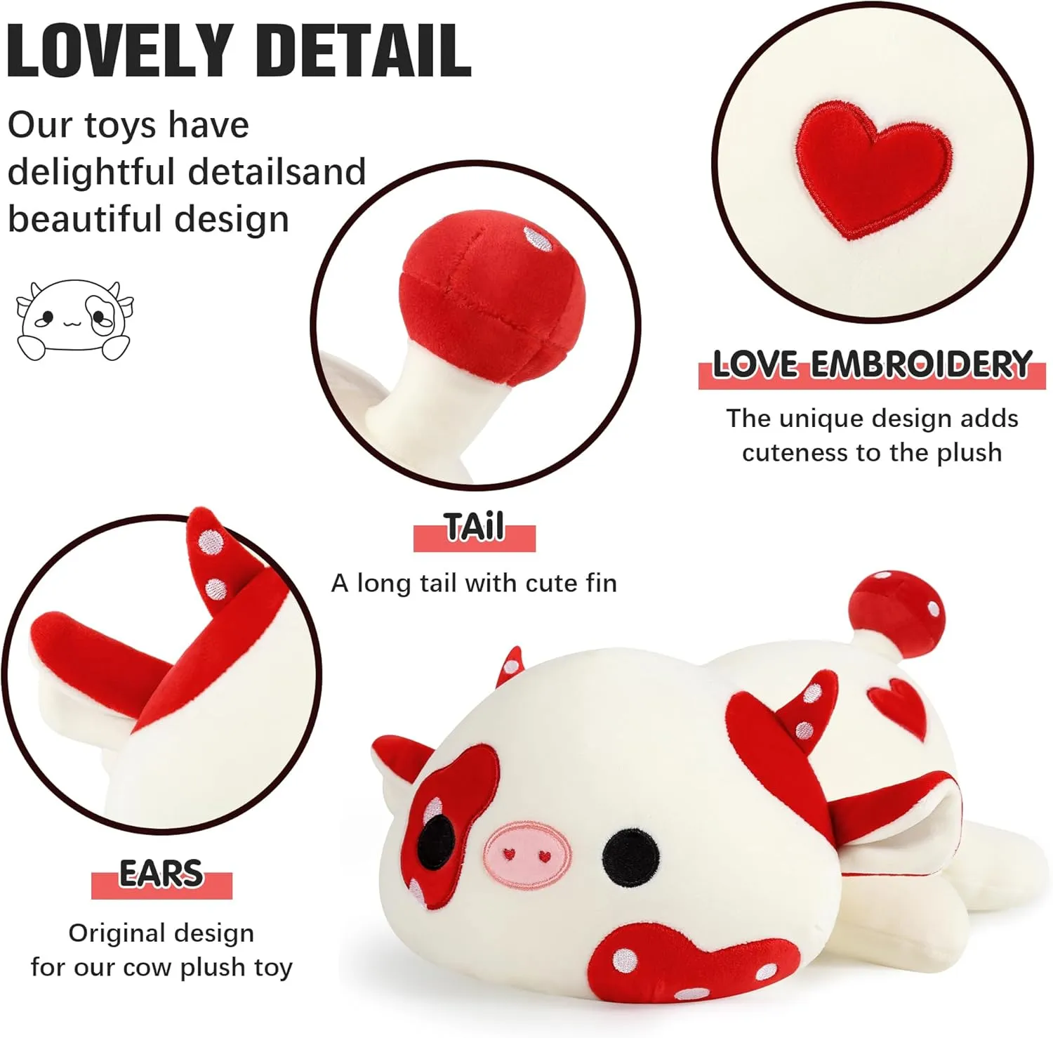 Onsoyours 9 Inch Cow Plush, Cute Mushroom Love Cow Red and White Stuffed Animal, Little Ultrasoft Plush Toy Gift for Kids