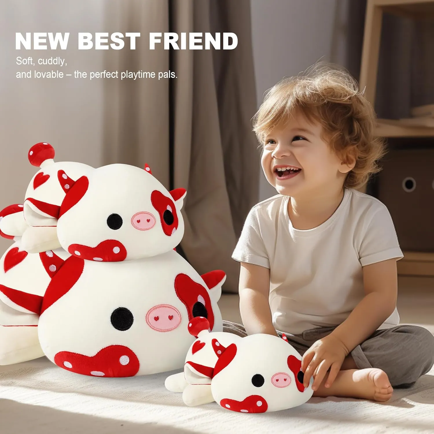 Onsoyours 9 Inch Cow Plush, Cute Mushroom Love Cow Red and White Stuffed Animal, Little Ultrasoft Plush Toy Gift for Kids