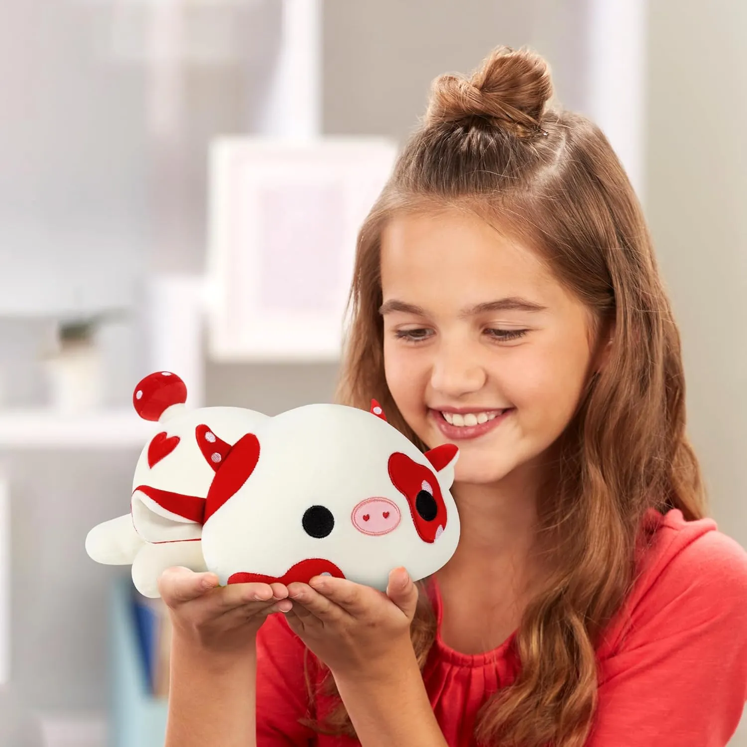 Onsoyours 9 Inch Cow Plush, Cute Mushroom Love Cow Red and White Stuffed Animal, Little Ultrasoft Plush Toy Gift for Kids