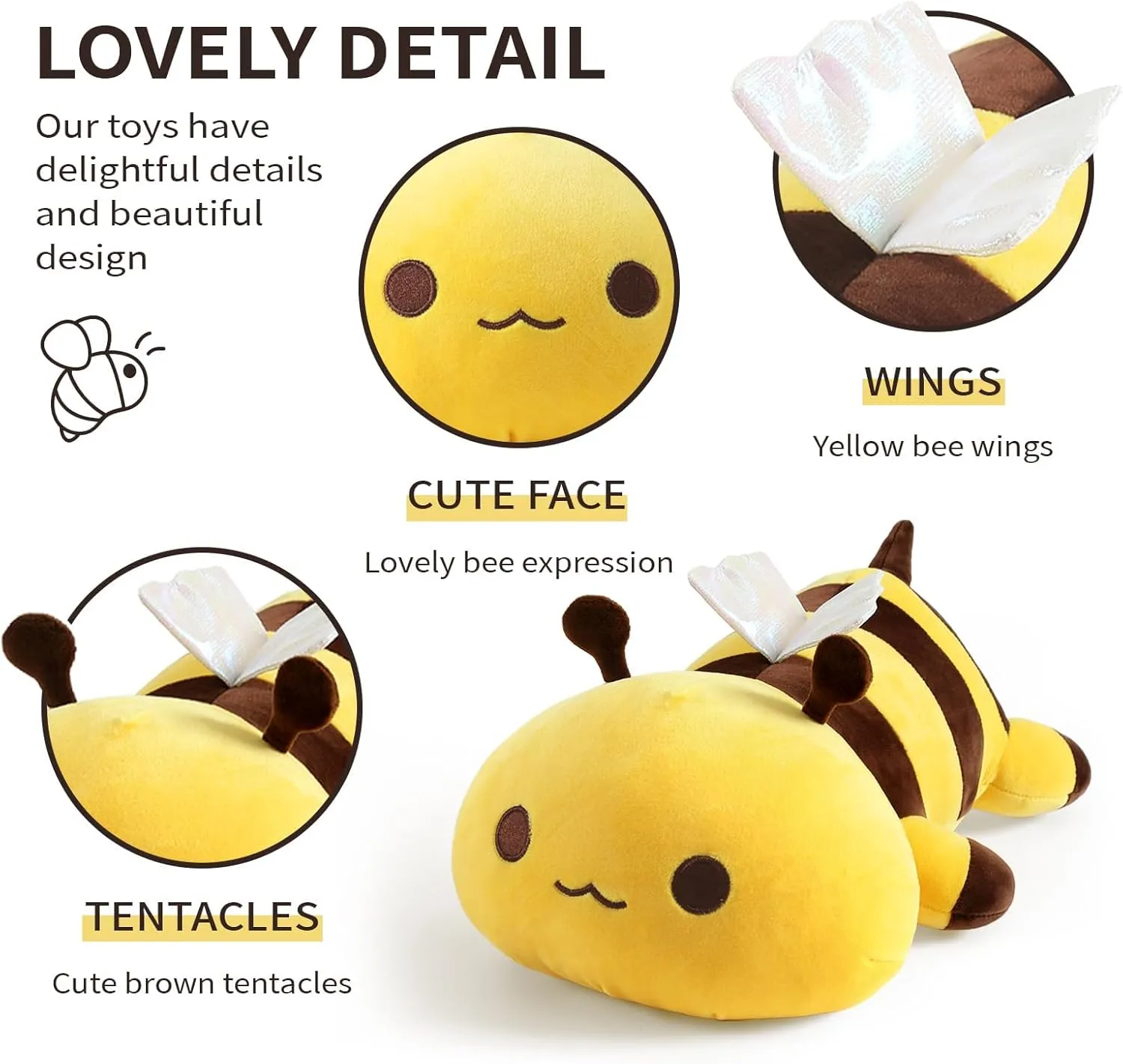Onsoyours Cute Bee Plushies, Soft Stuffed Animal Honey Bee Plush Toy Pillow for Kids (Yellow, 19")
