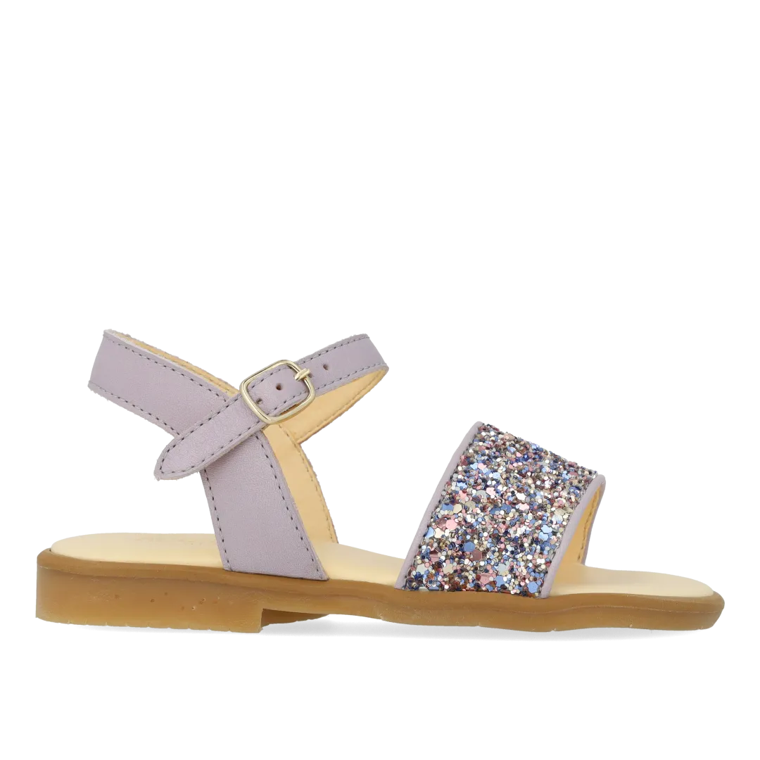 Open toe glitter sandal with buckle closure