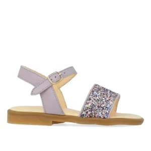 Open toe glitter sandal with buckle closure