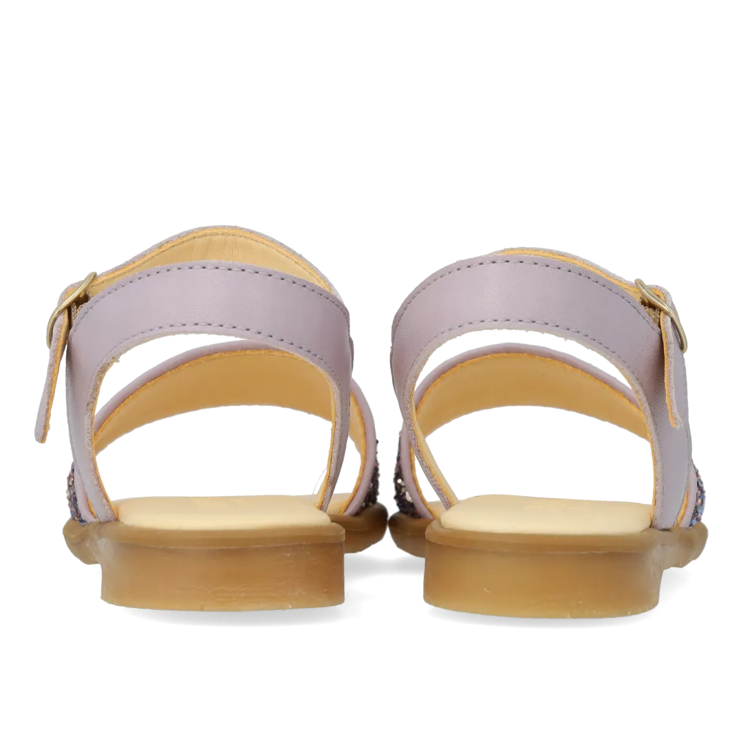 Open toe glitter sandal with buckle closure