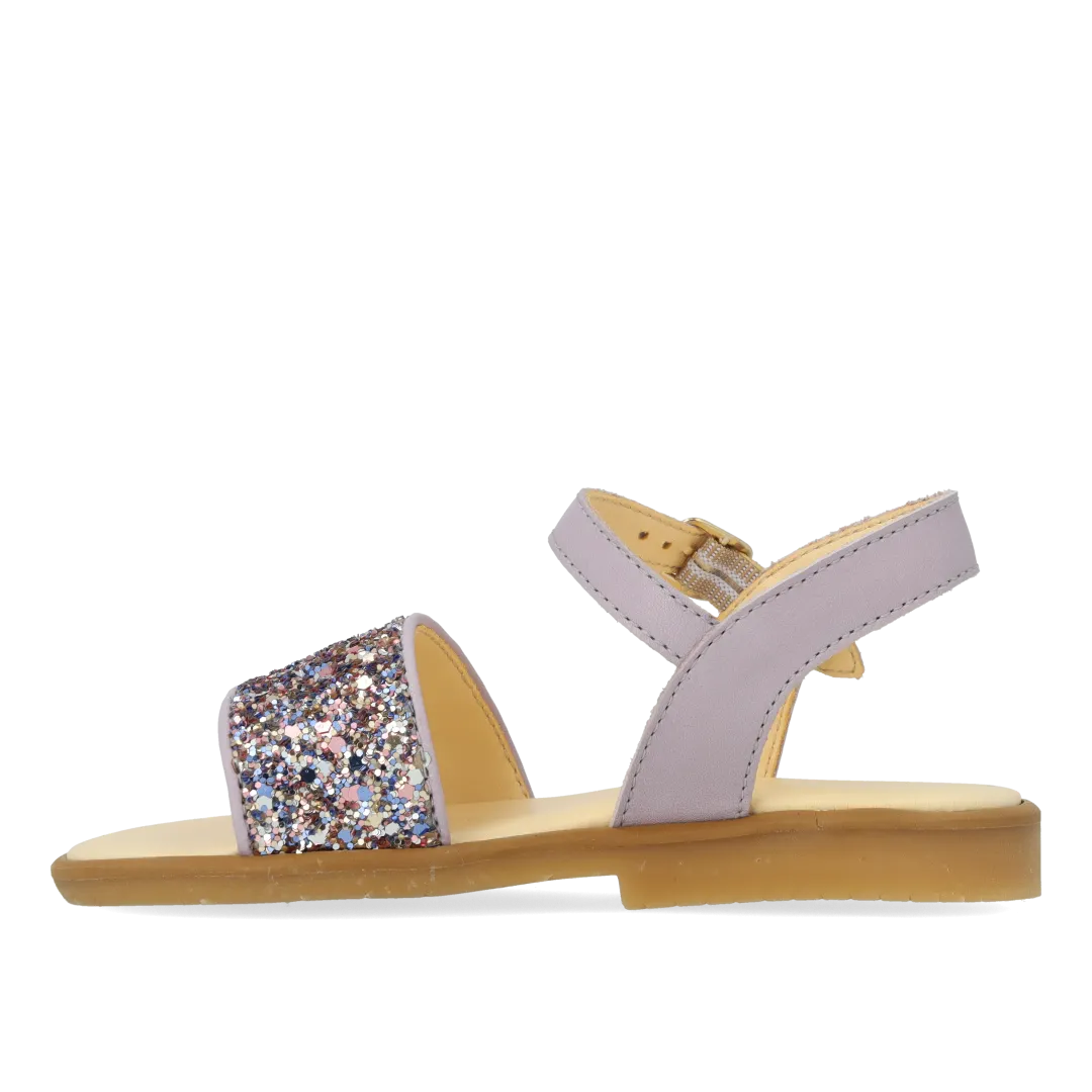 Open toe glitter sandal with buckle closure