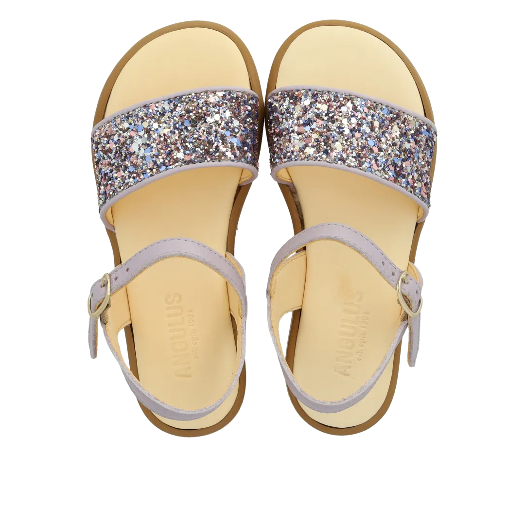 Open toe glitter sandal with buckle closure
