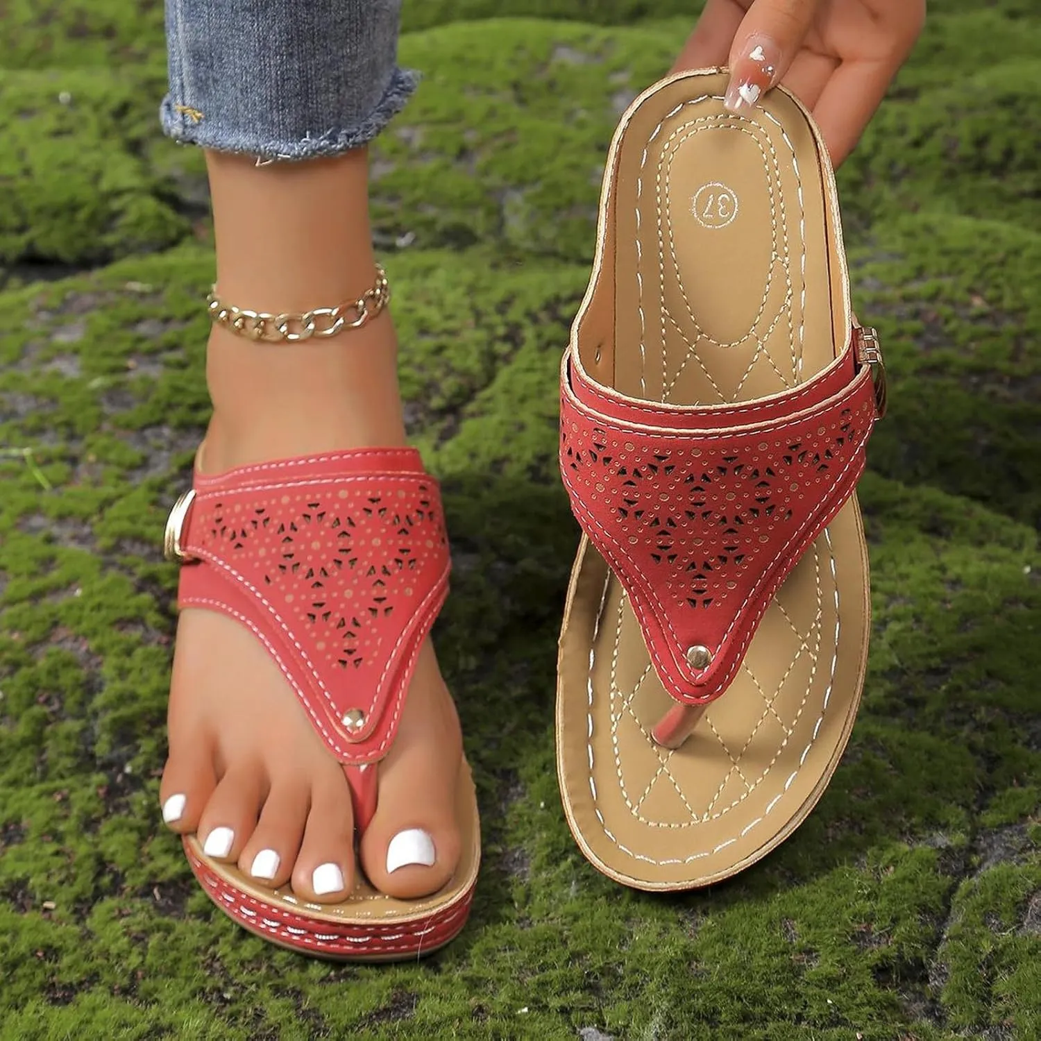 Orthopedic Sandals for Women and Men-Summer 2025 Open-Toe Slippers, PU Lightweight Anti-Slip Sandal with Arch Support Wedge Flip Flops Indoor And Outdoor