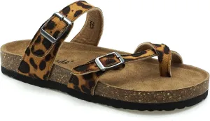OUTWOODS Women's Vegan Leather Toe-Loop Buckle Flats Sandals Bork-30 (7, Cheetah)