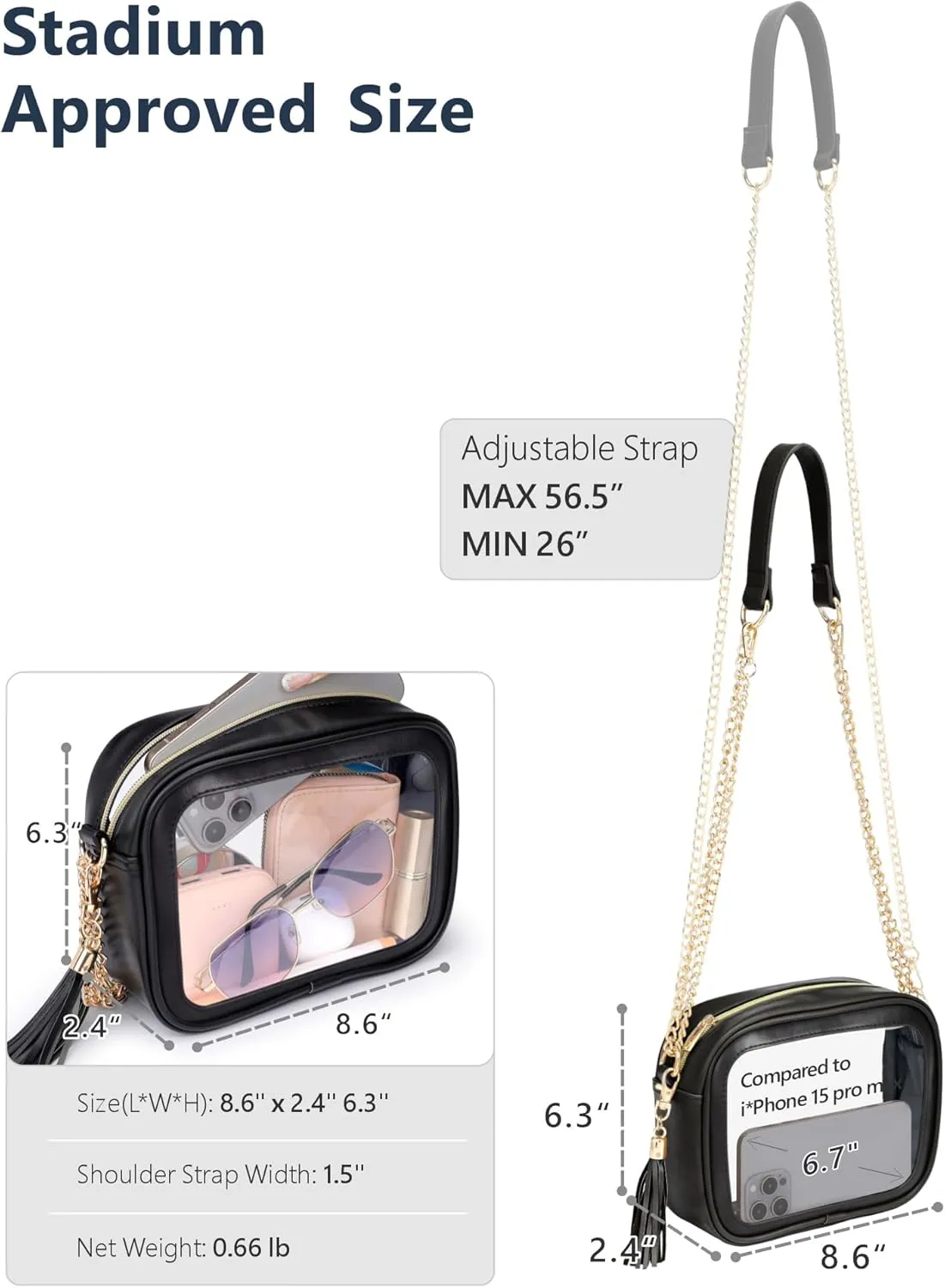 PACKISM Clear Bag for Stadium Events - Cute Clear Purse for Women Crossbody & Adjustable Chain for Sports Games Concerts