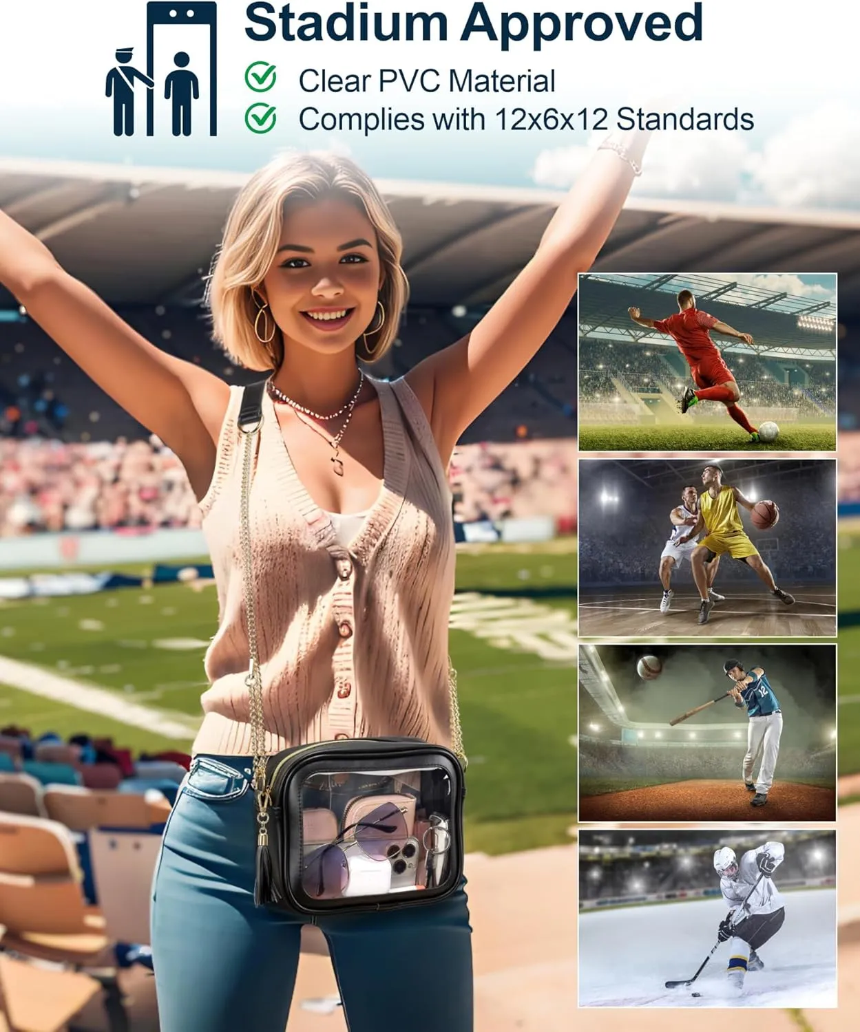 PACKISM Clear Bag for Stadium Events - Cute Clear Purse for Women Crossbody & Adjustable Chain for Sports Games Concerts