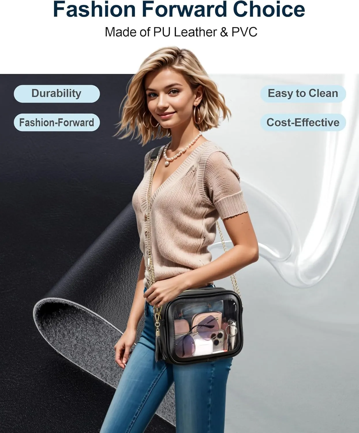 PACKISM Clear Bag for Stadium Events - Cute Clear Purse for Women Crossbody & Adjustable Chain for Sports Games Concerts