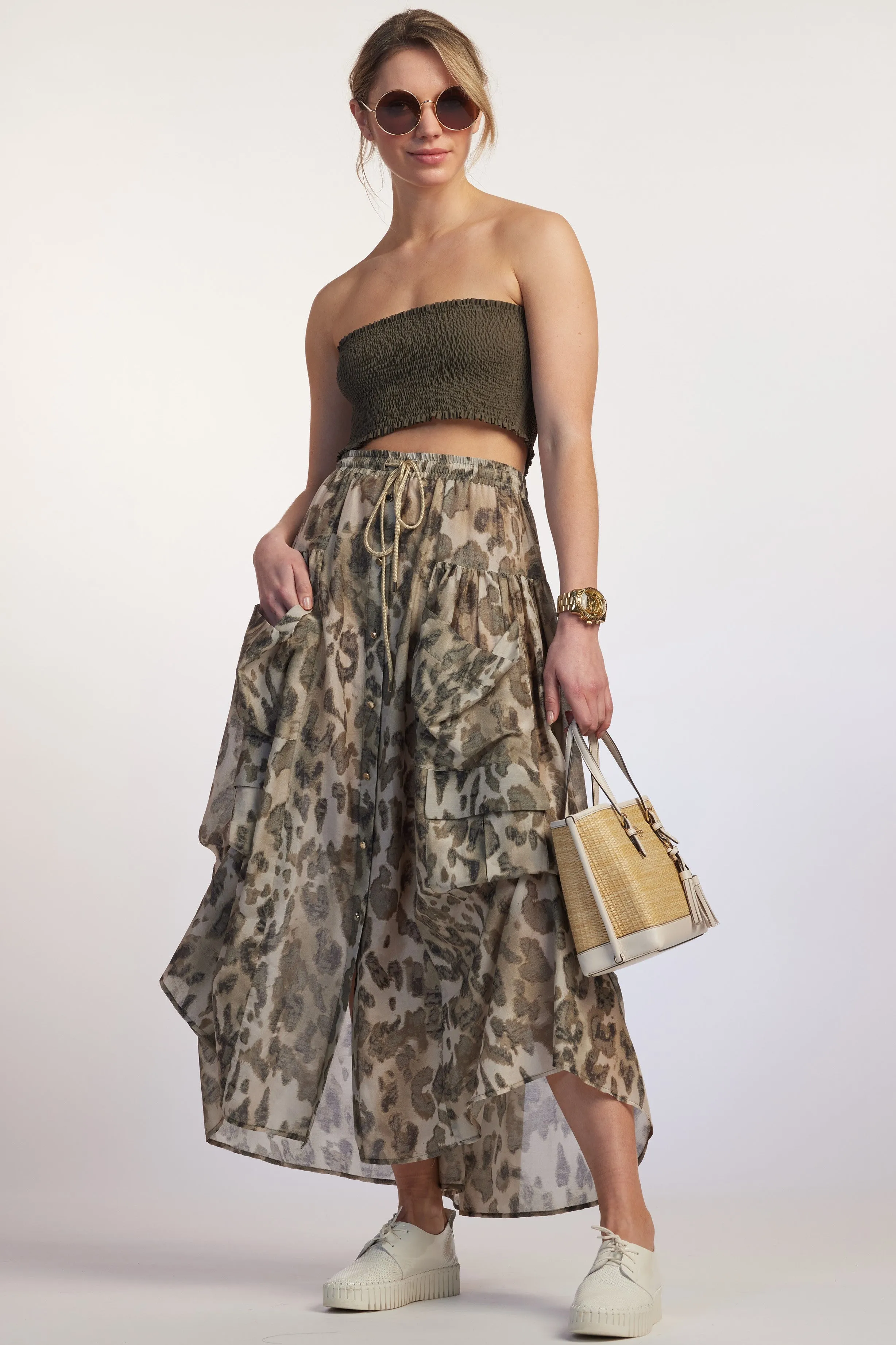 PAULA RYAN RELAXED Button Front Pocket Skirt - Cheetah