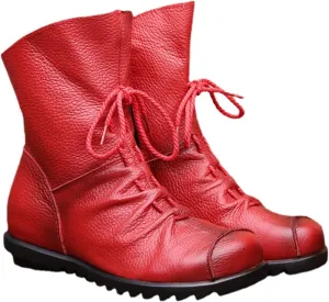 pearlzone Women’s Genuine Leather Casual Soft Flat Boots,Renaissance Natural Leather Handmade Historical Shoes