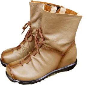 pearlzone Women’s Genuine Leather Casual Soft Flat Boots,Renaissance Natural Leather Handmade Historical Shoes