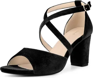 Perphy Cross Strap Velvet Block Heel Sandals for Women