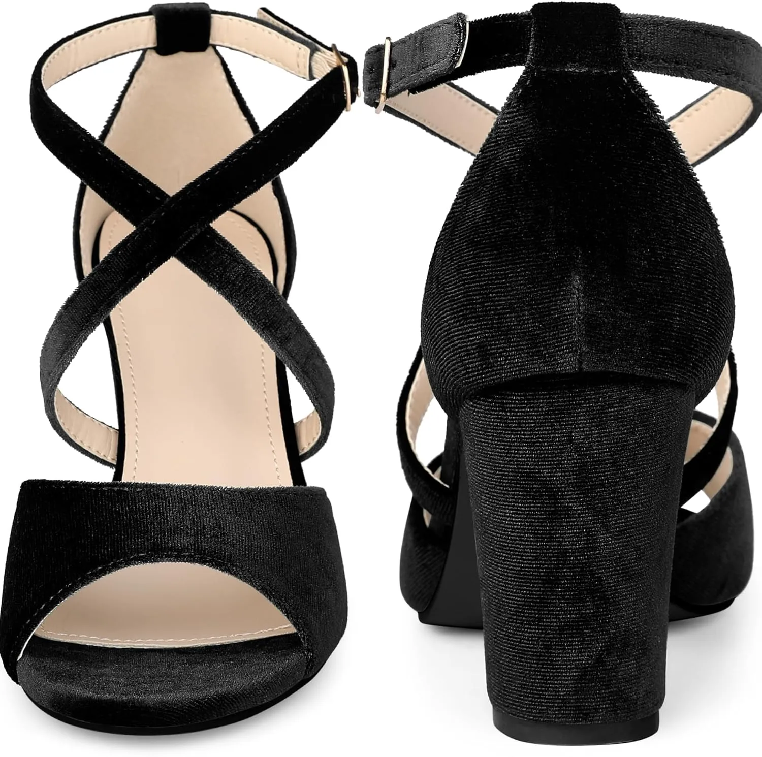 Perphy Cross Strap Velvet Block Heel Sandals for Women