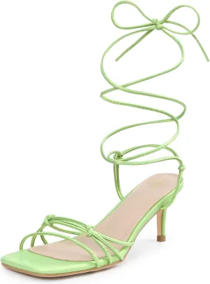 Perphy Strappy Kitten Heel Lace Up Square Toe Strappy Heels Sandals for Women