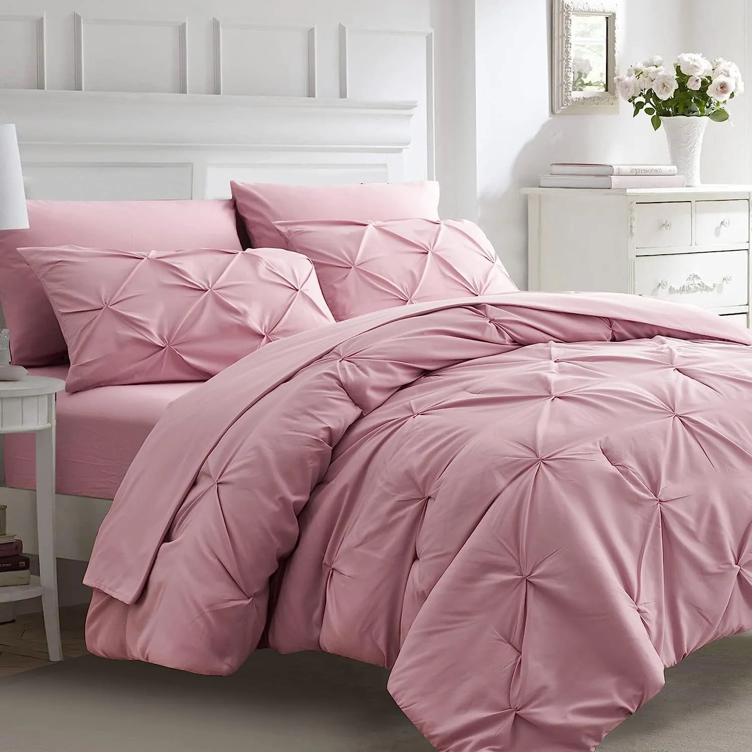 Pink Emperor Comforter Set - 7 Piece Pinch Pleated Bed in a Bag - 600 Thread Count 100% Egyptian Cotton Bedding Set - (30 inch Deep Pocket Sheet Set and 500GSM Comforter)