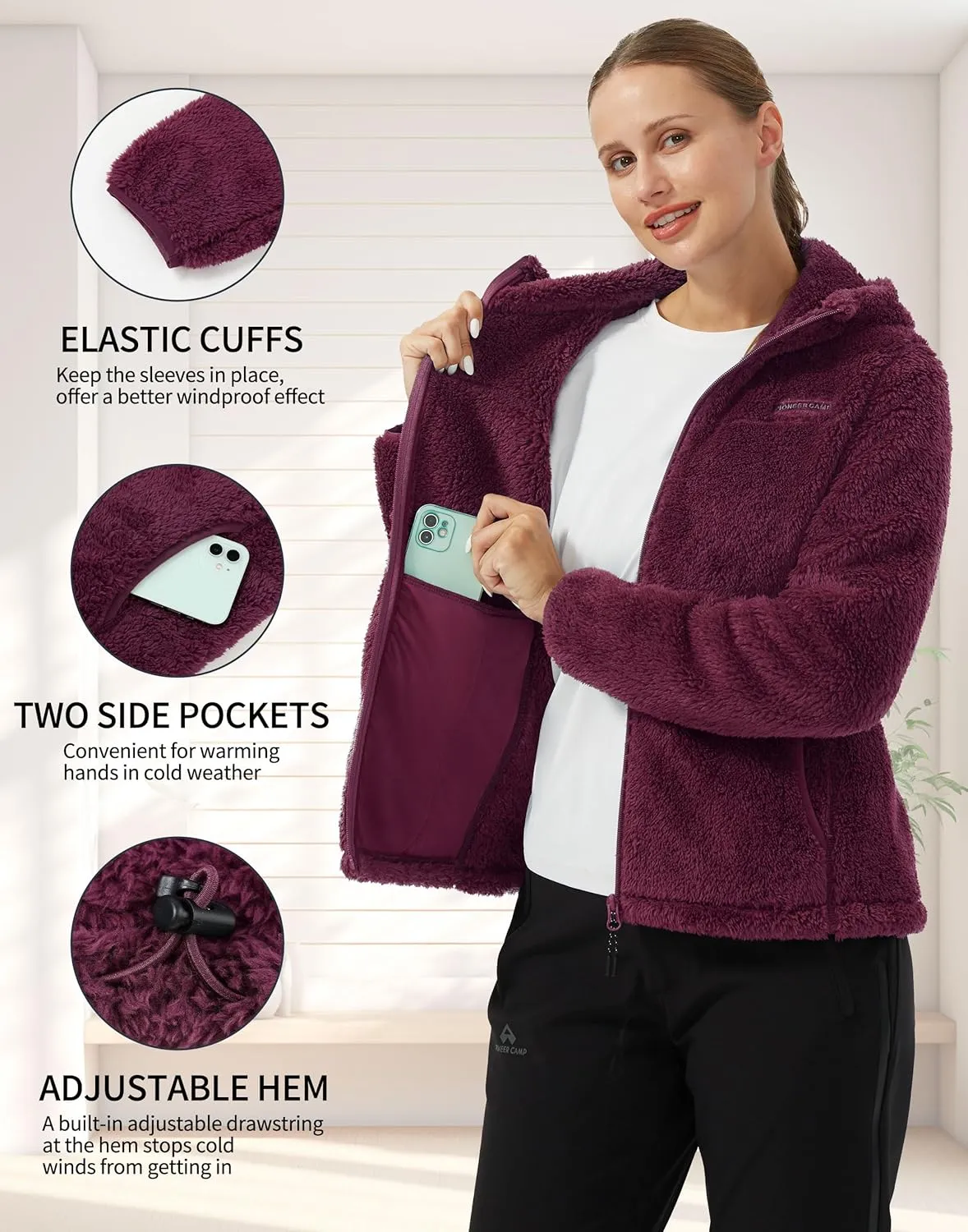 Pioneer Camp Women's Fuzzy Fleece Jacket Full Zip Up Lightweight Warm Soft Fleece Coat with hood for Spring Fall Winter