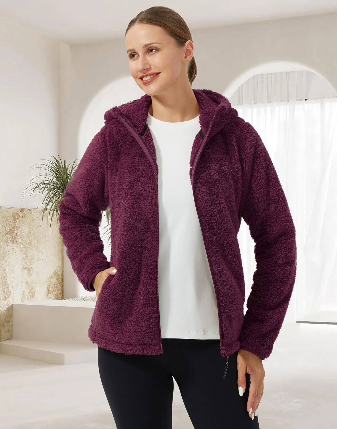Pioneer Camp Women's Fuzzy Fleece Jacket Full Zip Up Lightweight Warm Soft Fleece Coat with hood for Spring Fall Winter