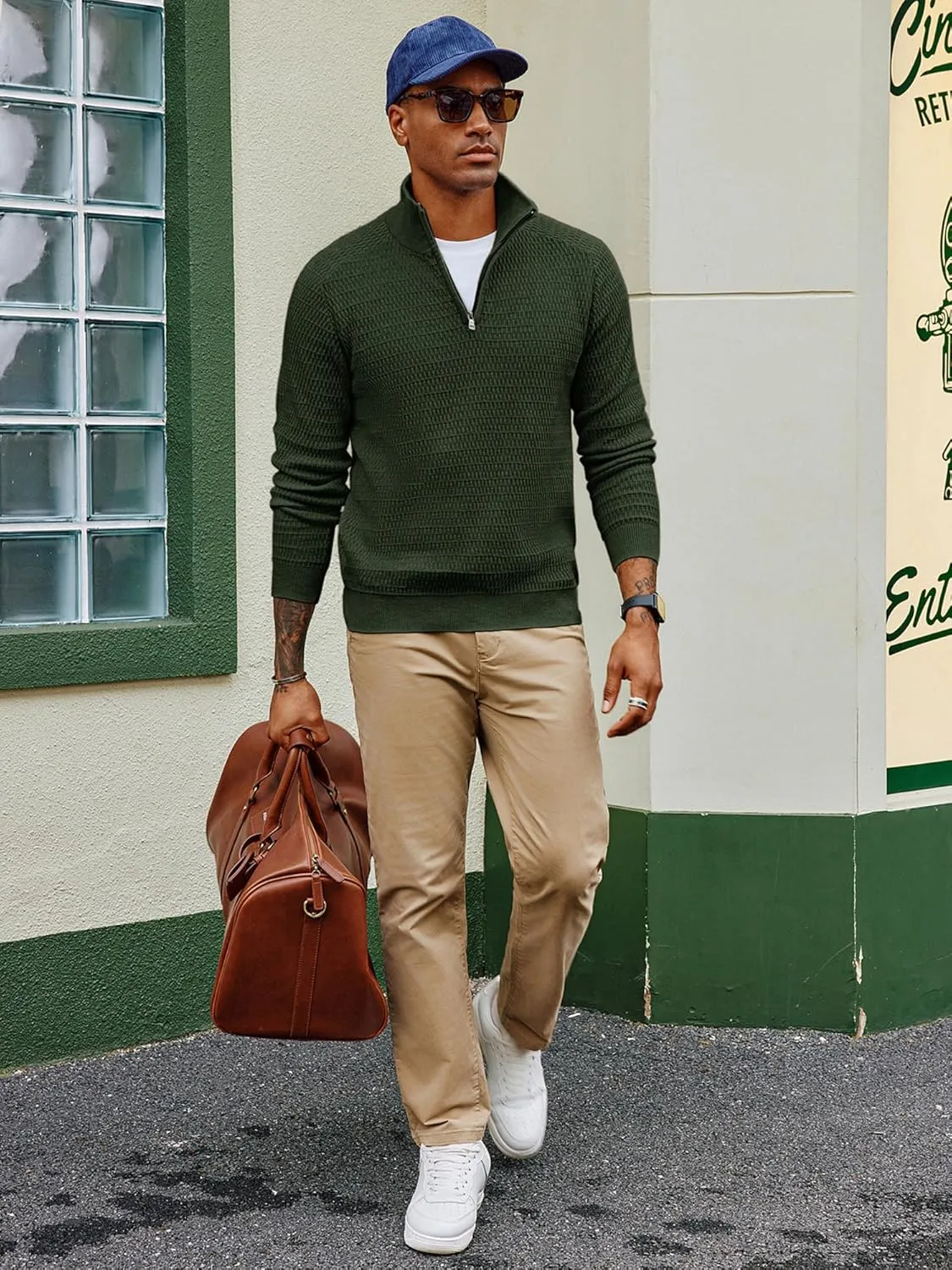 PJ PAUL JONES Men's Quarter Zip Sweaters Slim Fit Long Sleeve Casual Pullover Sweater Knit Textured Mock Neck Polo Sweaters