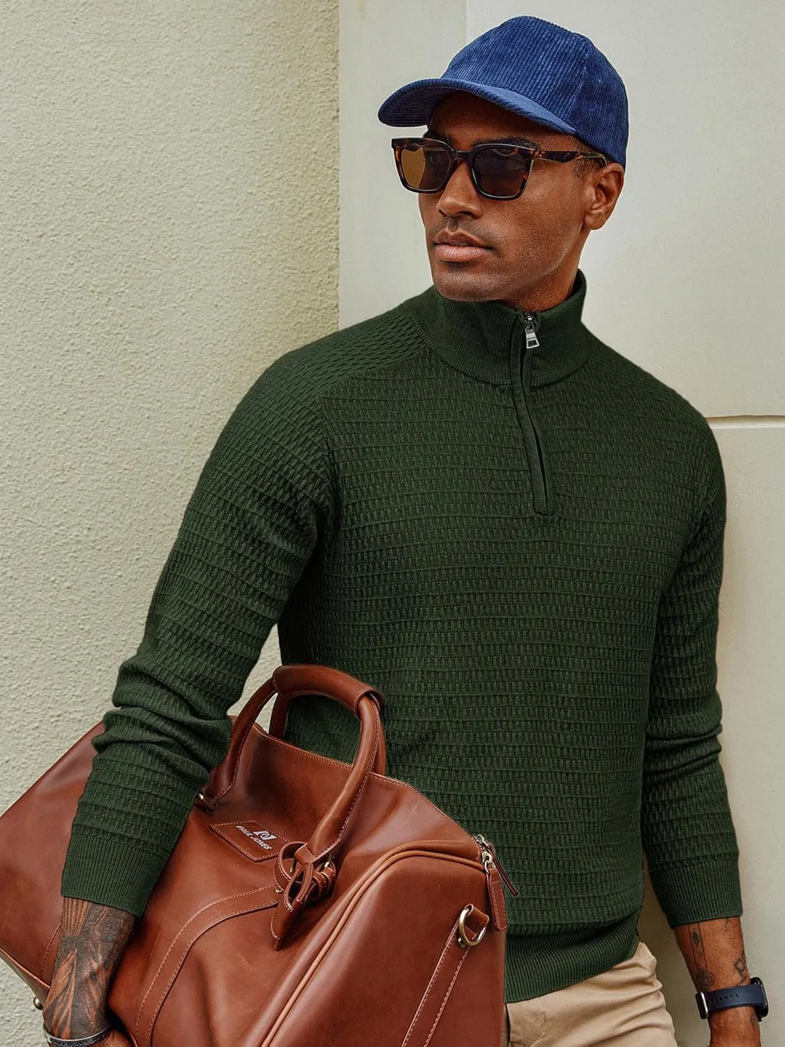 PJ PAUL JONES Men's Quarter Zip Sweaters Slim Fit Long Sleeve Casual Pullover Sweater Knit Textured Mock Neck Polo Sweaters