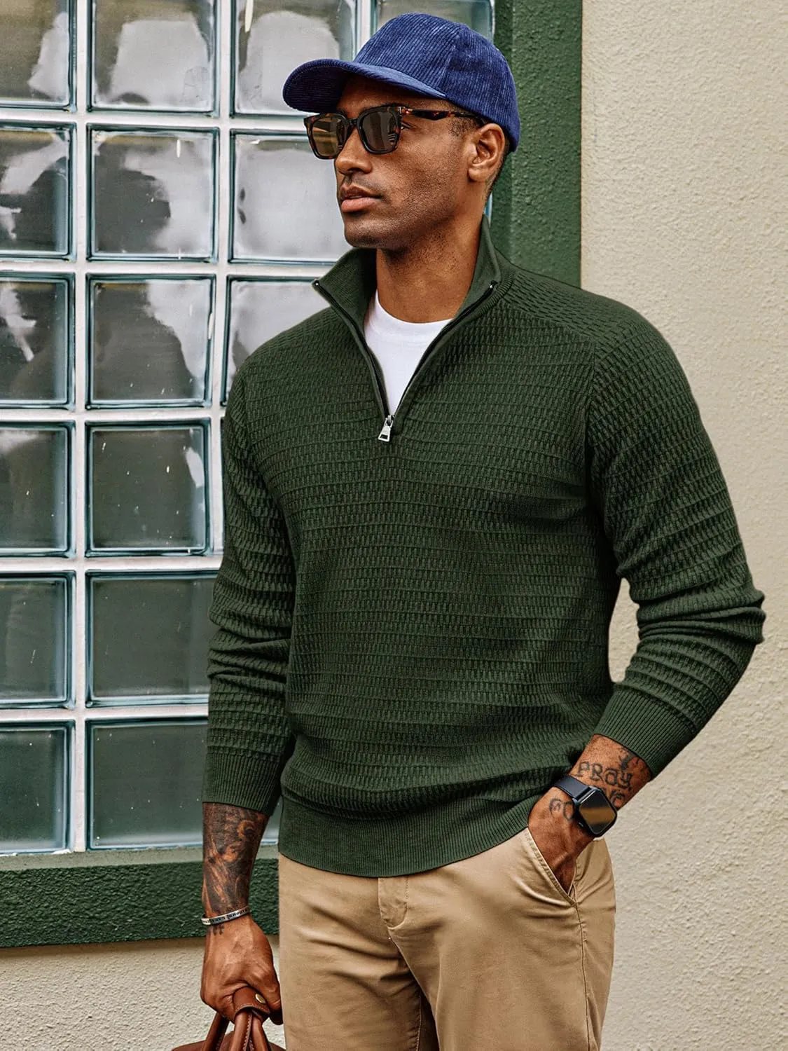 PJ PAUL JONES Men's Quarter Zip Sweaters Slim Fit Long Sleeve Casual Pullover Sweater Knit Textured Mock Neck Polo Sweaters