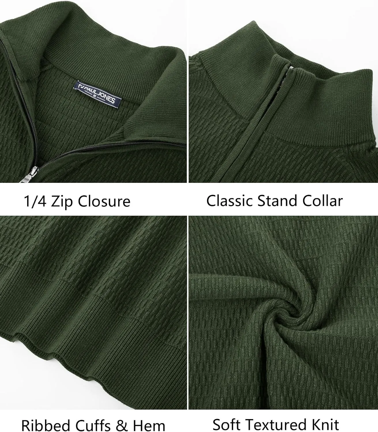 PJ PAUL JONES Men's Quarter Zip Sweaters Slim Fit Long Sleeve Casual Pullover Sweater Knit Textured Mock Neck Polo Sweaters