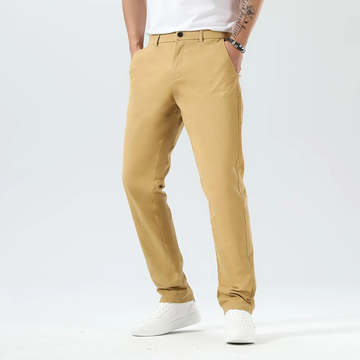 Plaid&Plain Men’s Slim Fit Khaki Pants Men’s Tapered Chino Pants