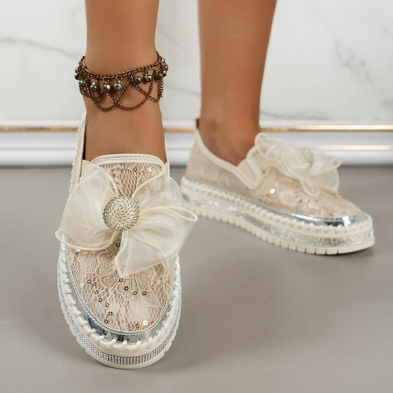 Platform Rhinestones Glitter Sneaker for Women Sparkle Slip On Comfort Sneaker Flat Loafer Casual Shoes