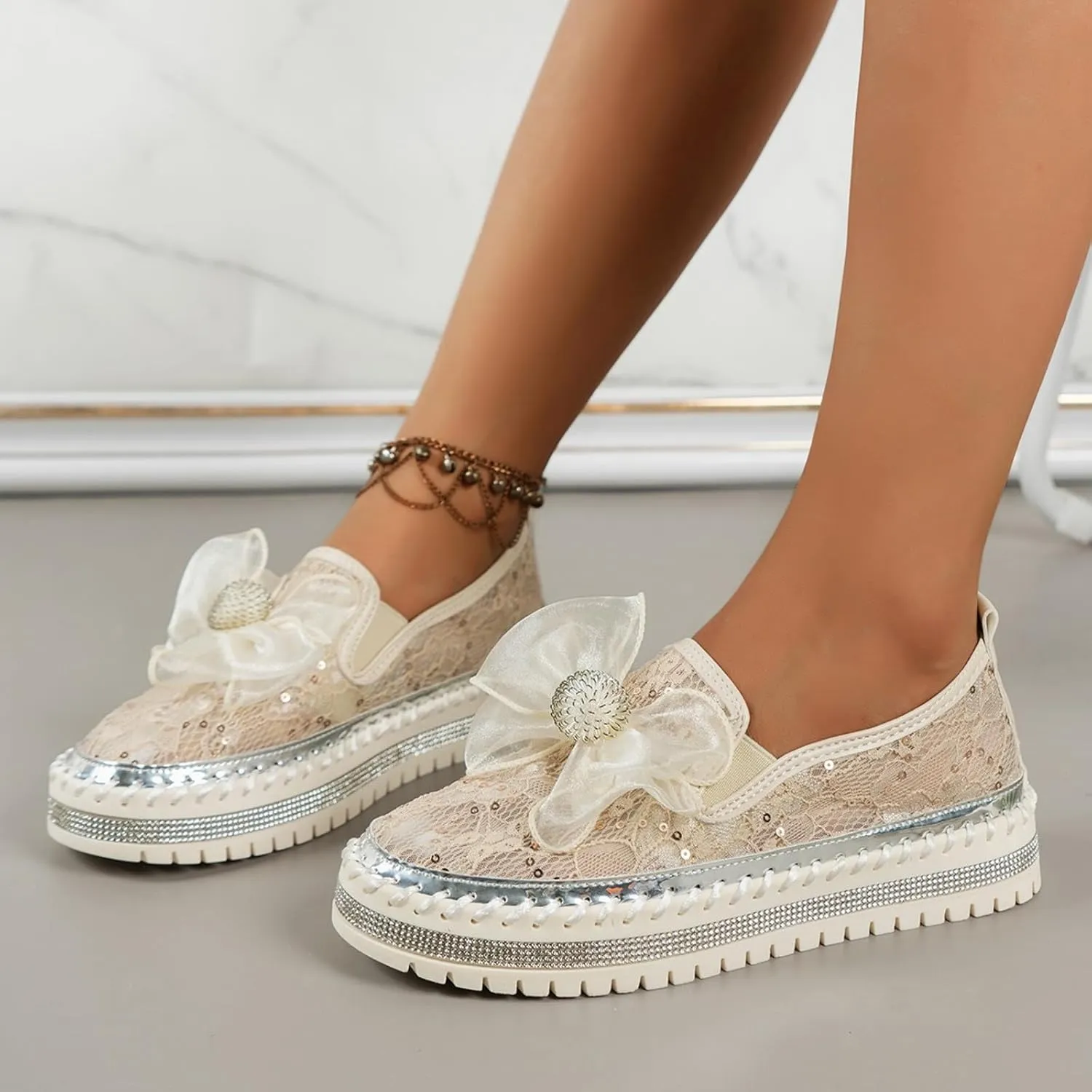 Platform Rhinestones Glitter Sneaker for Women Sparkle Slip On Comfort Sneaker Flat Loafer Casual Shoes