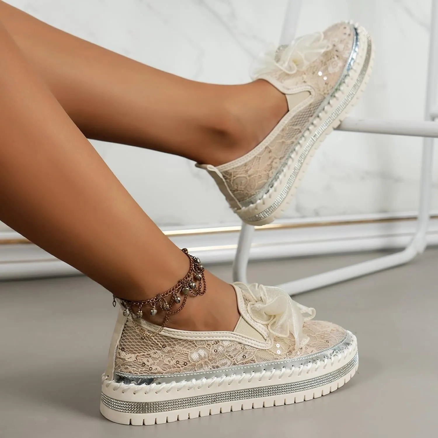 Platform Rhinestones Glitter Sneaker for Women Sparkle Slip On Comfort Sneaker Flat Loafer Casual Shoes