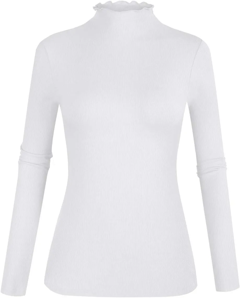POPZONE Women's Lettuce Trim Mock Neck Long Sleeve Slim Fit Ribbed Knit Tee Shirt Tops