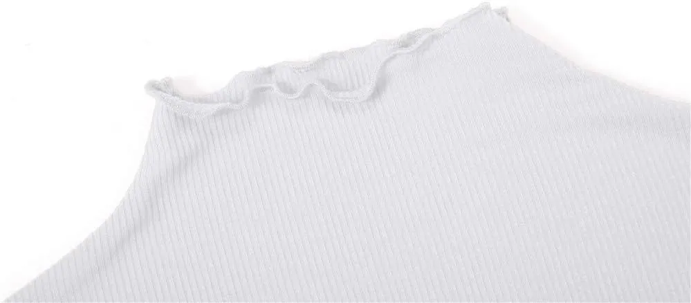 POPZONE Women's Lettuce Trim Mock Neck Long Sleeve Slim Fit Ribbed Knit Tee Shirt Tops